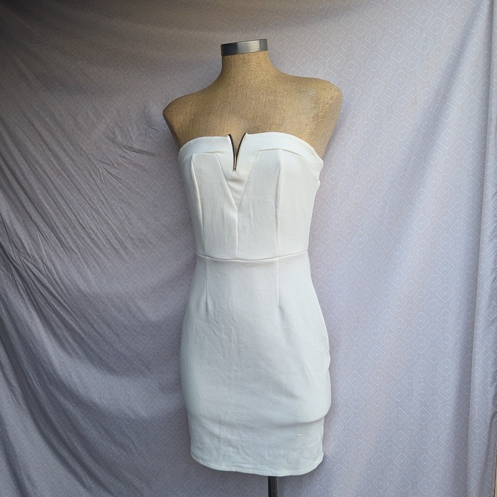 Strapless V-Wire Bodycon Dress Womens White Good Textured Crepe Mini Dress